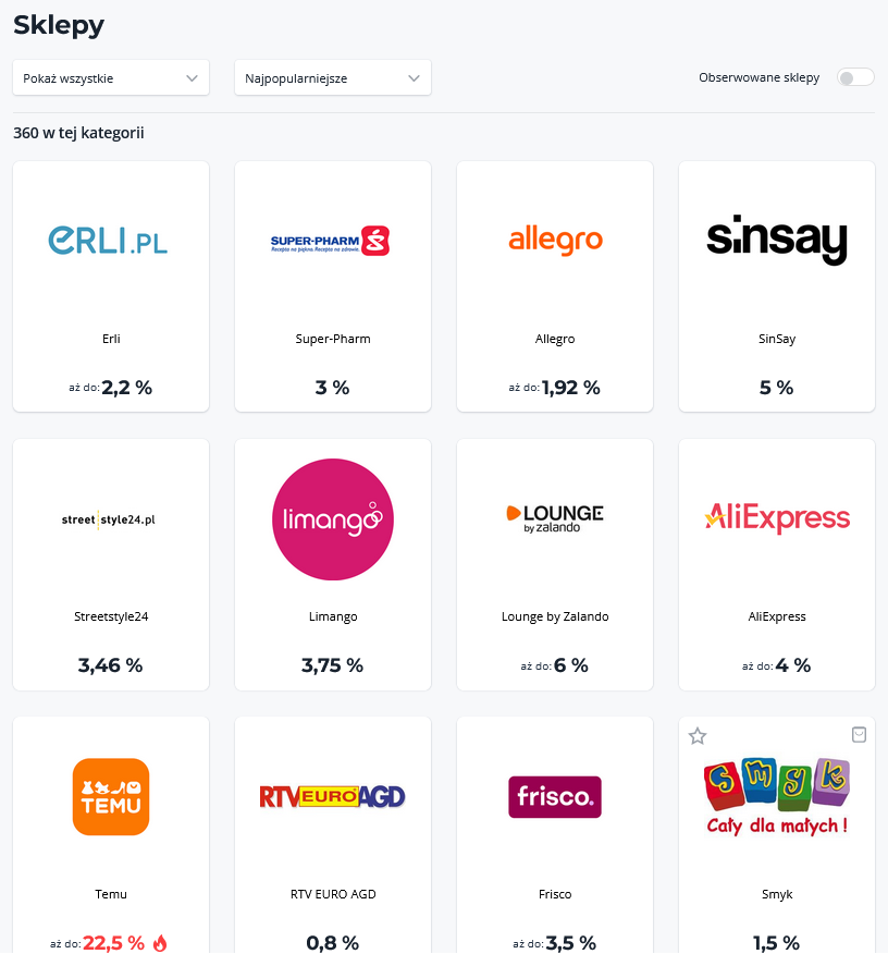 Kategorie i sklepy z cashback na platformoie Bonusway Kategorie i sklepy z cashback na platformoie Bonusway