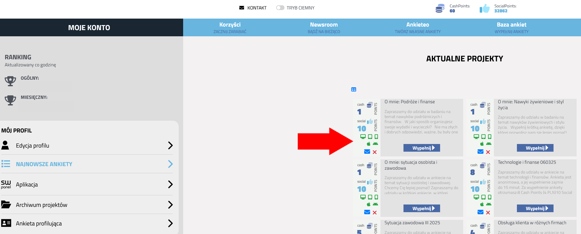 Panel główny i dostępne do wypełnienia ankiety