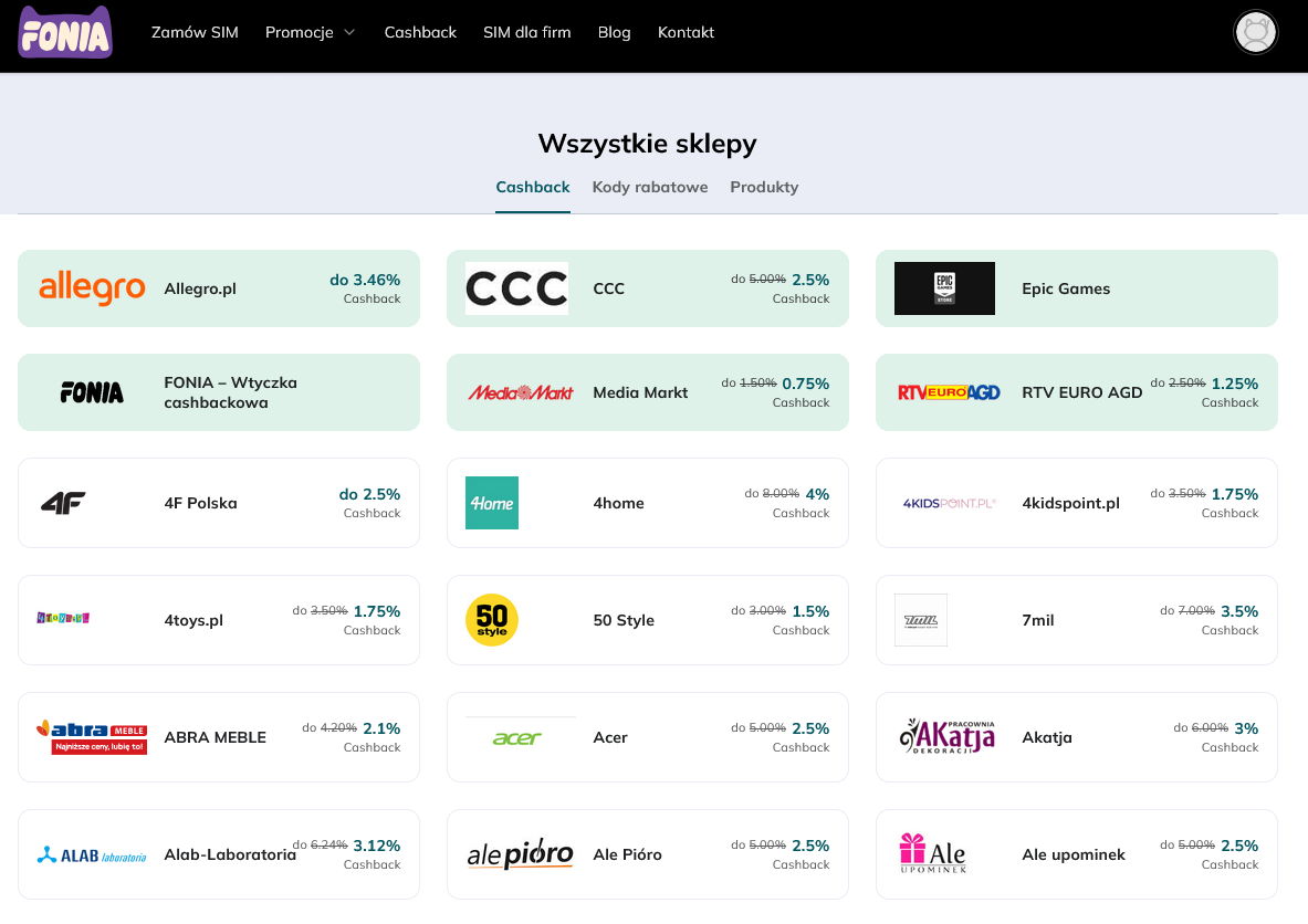 Sklepy z cashbackiem na platformie Fonia Sklepy z cashbackiem na platformie Fonia