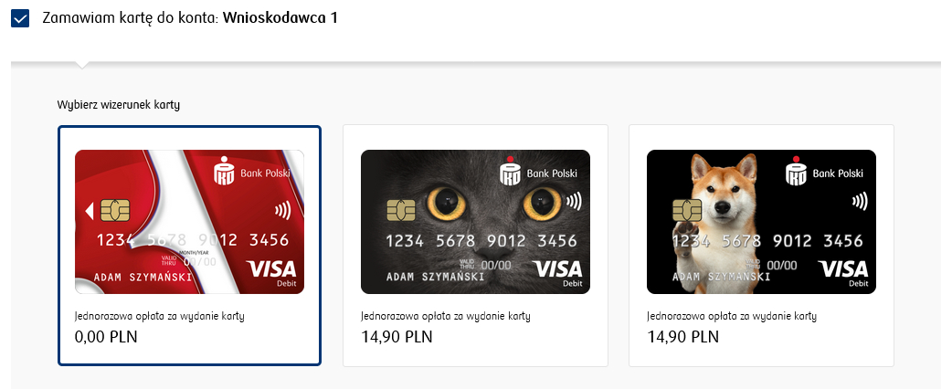 Opcja wyboru karty płatniczej dla Wnioskodawcy 1