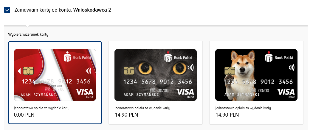 Opcja wyboru karty płatniczej dla Wnioskodawcy 2