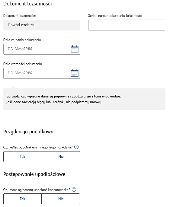 Wniosek z danymi o dokumencie tożsamości i rezydencji podatkowej